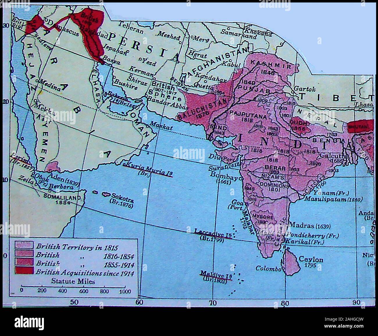 Un mapa de 1922 mostrando los territorios británicos en Asia en los siglos XIX y principios del siglo XX. Foto de stock