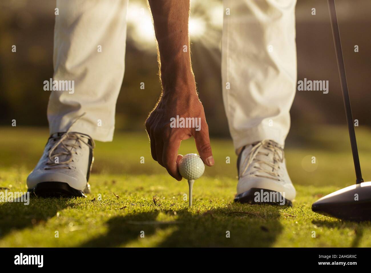 Los golfistas mano colocando una pelota de golf en el tee de cerca con pies y borrosa antecedentes llamarada solar Foto de stock