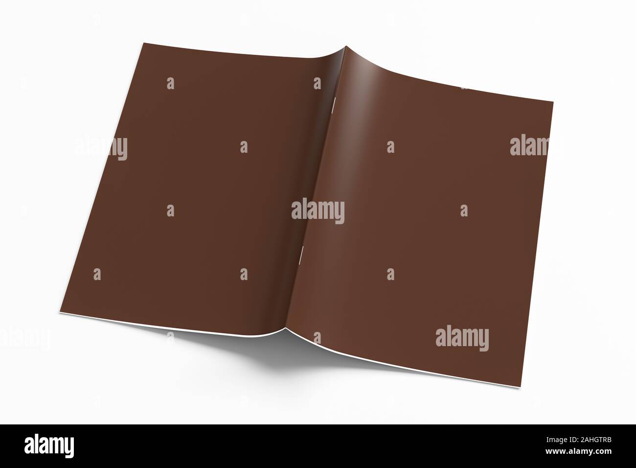Brown folleto o manual cubierta maqueta en blanco. Folleto está abierto y boca abajo. Aislada con trazado de recorte alrededor de folleto. 3d illustratuion Foto de stock