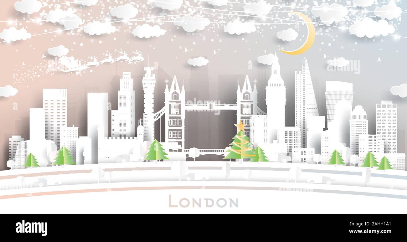 El horizonte de la ciudad de Londres, Inglaterra en el estilo de corte de papel con copos de nieve, la Luna y el neón Garland. Ilustración vectorial. Navidad y Año Nuevo Concepto. Ilustración del Vector