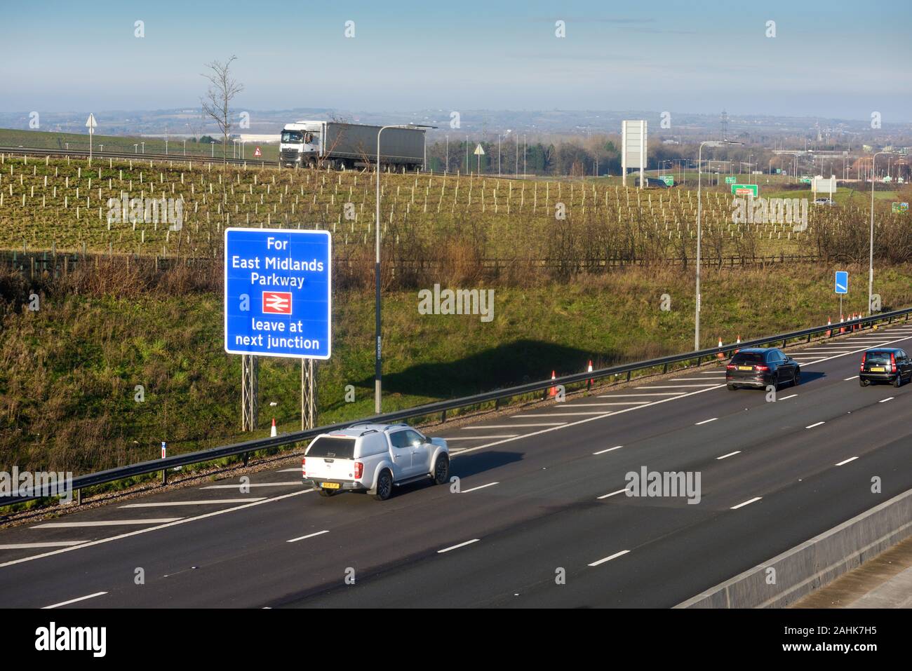 Autopista M1 J24 East Midlands, una de las autopistas más transitadas en el Reino Unido. Foto de stock