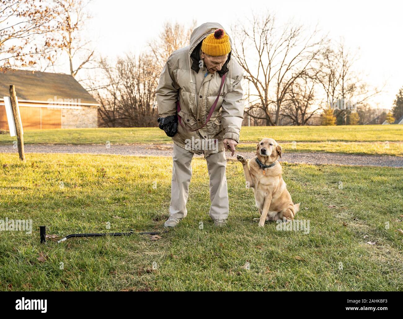 Noviembre 25, 2019, Berks County, Pennsylvania, el anciano le pide a su perro a agitar las manos. Foto de stock