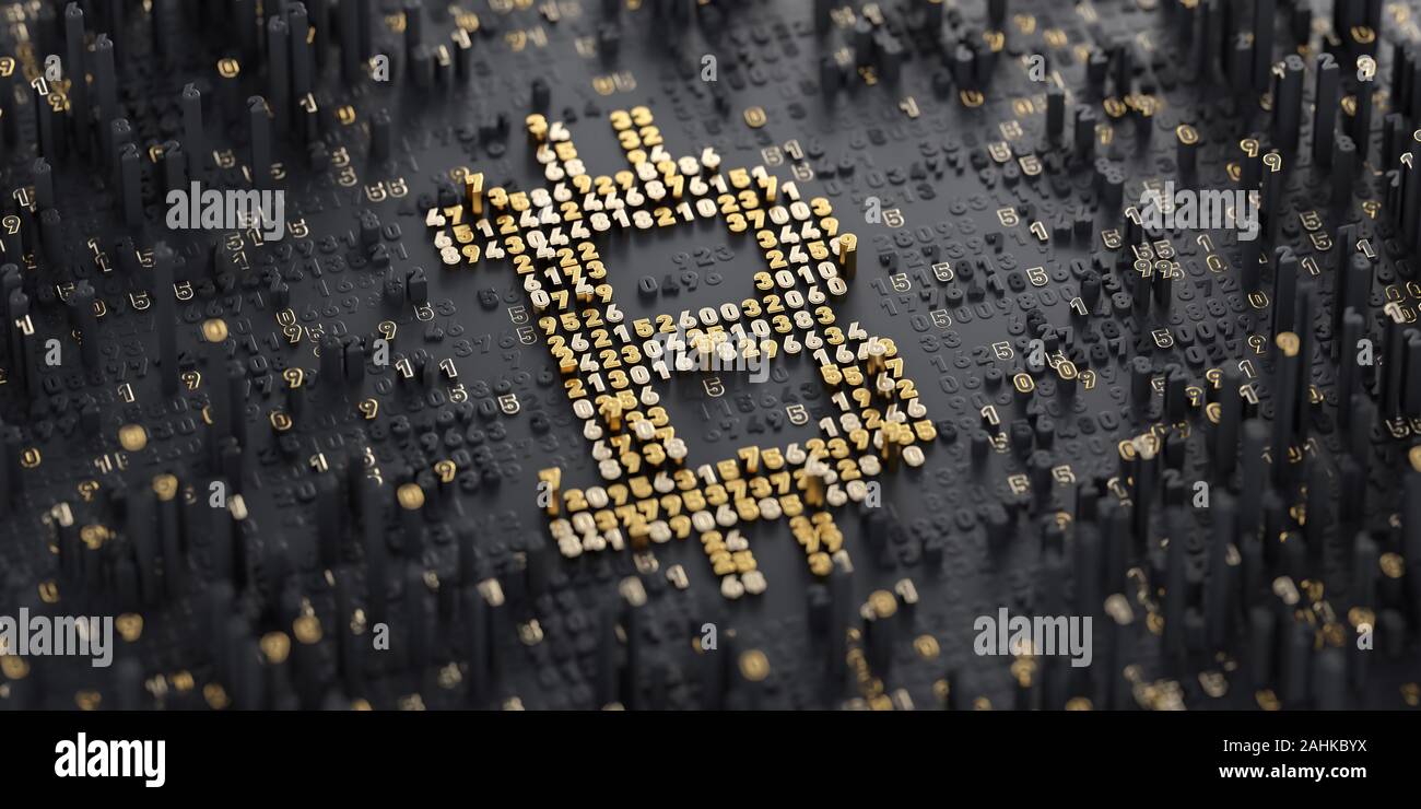 Ilustración 3D. Abstracto signo bitcoin digital Foto de stock