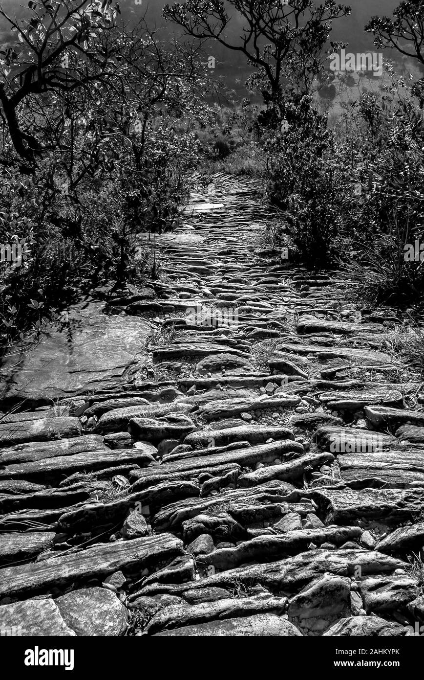 Carretera antigua de piedra hechas por esclavos, Serra do Cipo, Minas Gerais, Brasil Foto de stock
