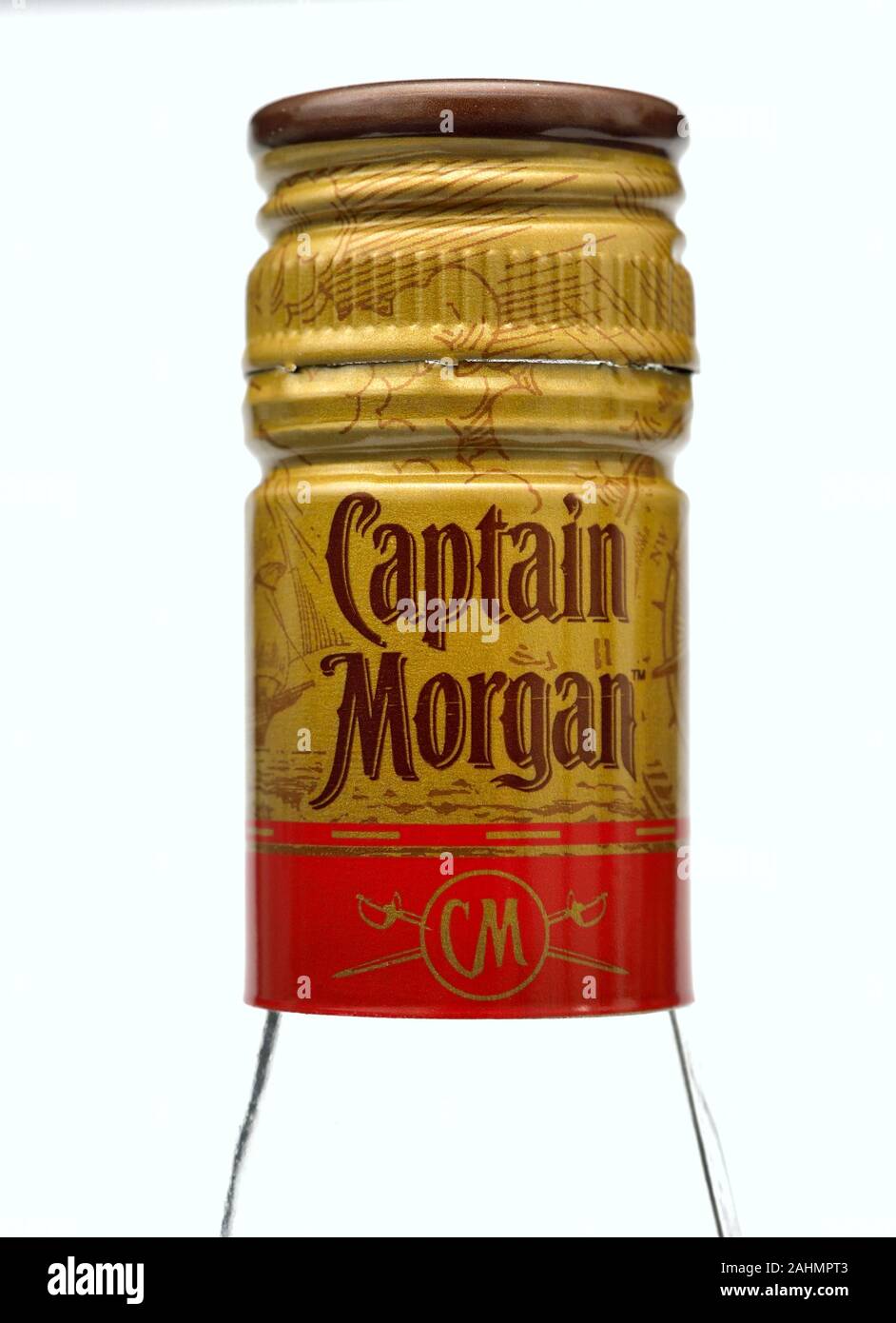 Botella de tapón de Captain Morgan original spiced ron oro cerrar Foto de stock