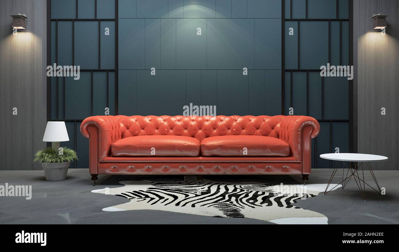 sofá de cuero rojo en 3d en la sala de estar estilo loft Fotografía de  stock - Alamy