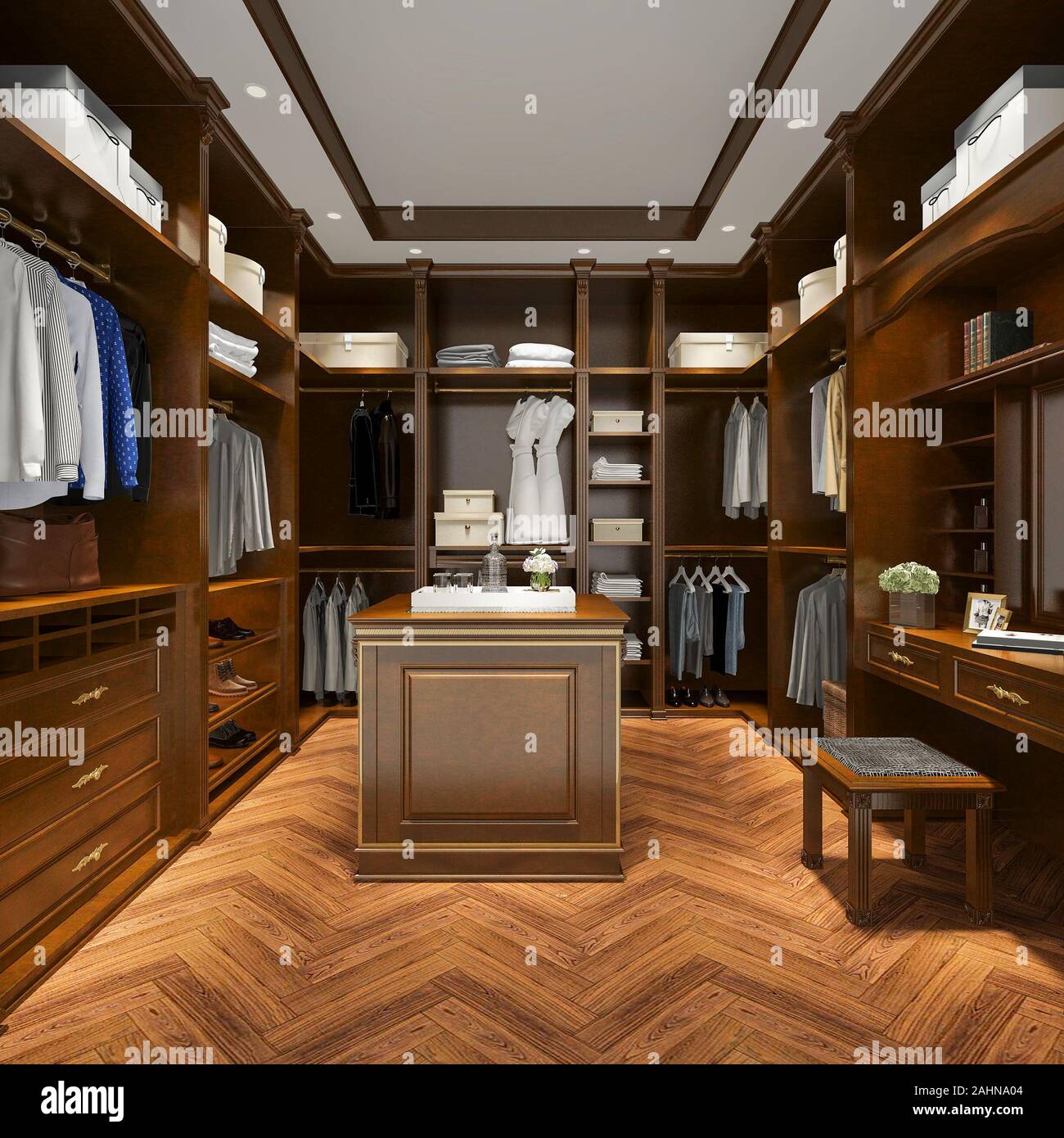 Representación 3D de lujo de madera escandinava vestidor con armario  Fotografía de stock - Alamy