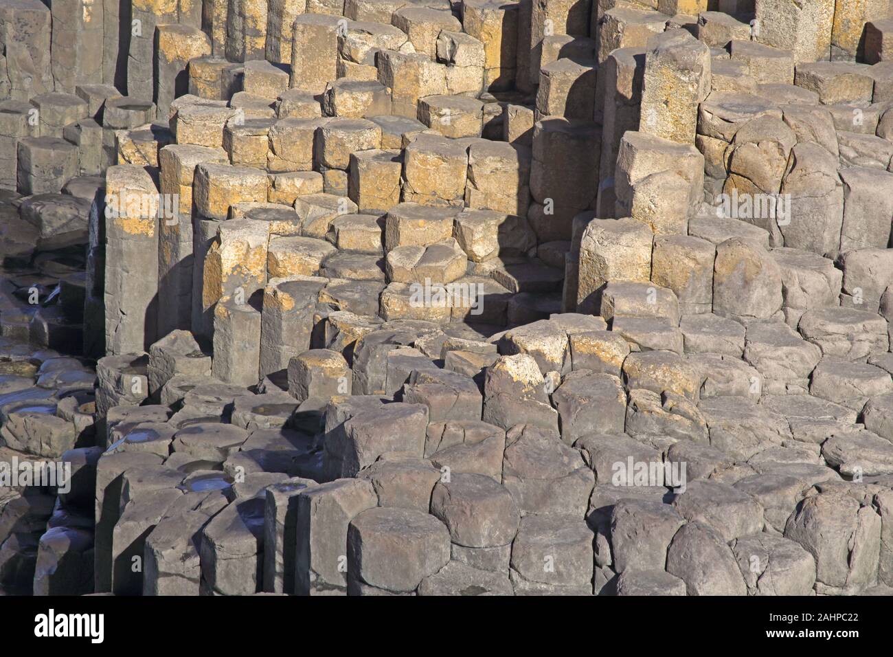 Enormes columnas de basalto de la Calzada del Gigante, Condado de Antrim, Irlanda del Norte, Reino Unido. Foto de stock