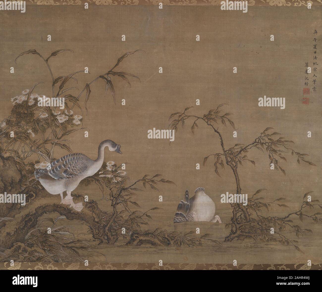 Shen Kai. Los gansos en una orilla. 1750. China. Desplácese colgantes, tinta y color sobre seda Foto de stock
