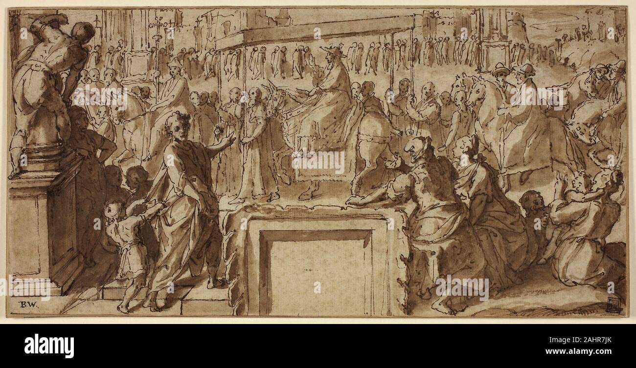 Cesare Nebbia. San Carlos Borromeo entrando en la ciudad de Pavía de diseño  para una Decoración de pared. 1600-1609. Italia. Lápiz y tinta marrón,  marrón con un cepillo y lavar, más rastros