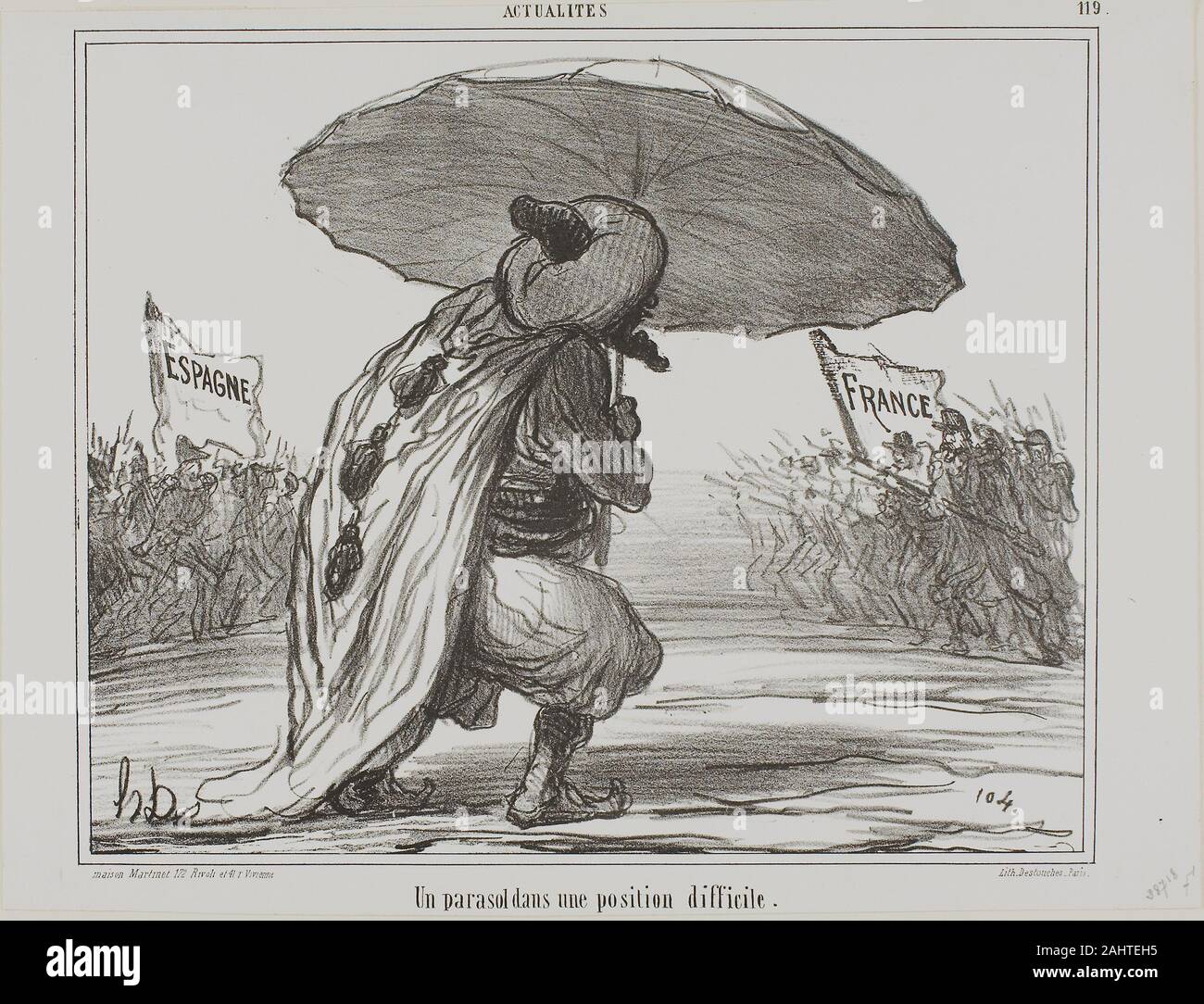 Daumier Honoré-Victorin. Un paraguas en una posición difícil, la placa 119  de Actualités. 1859. Francia. Litografía en negro sobre papel wove esta  caricatura se remonta a los primeros días de la guerra