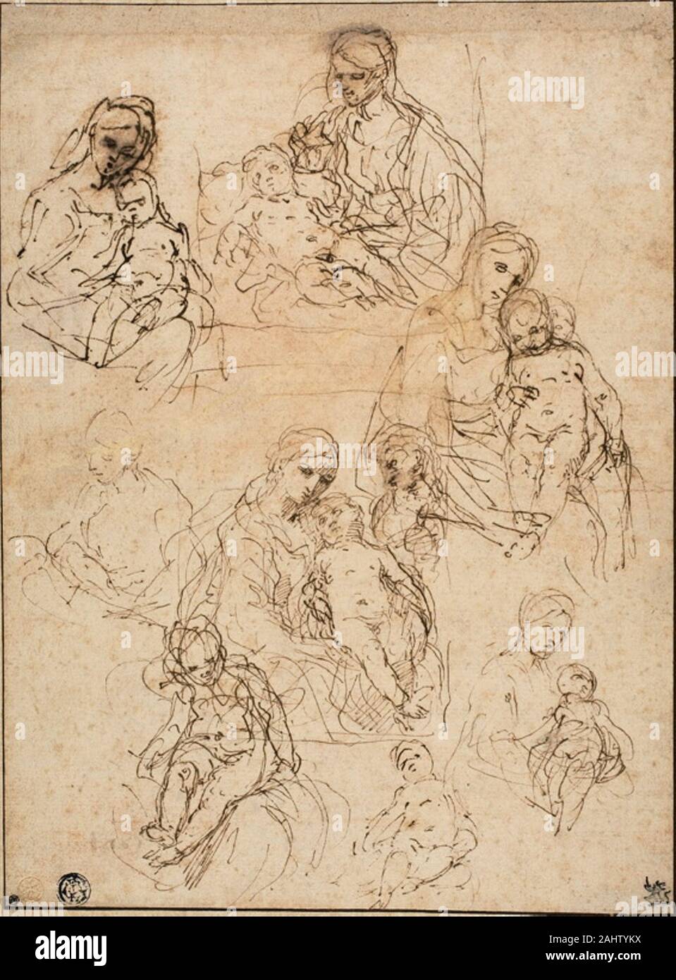 Simone Cantarini. Bocetos de la Virgen y el Niño, y la Sagrada Familia.  1642-1648. Italia. Lápiz y tinta marrón en buff sentó el papel,  establecidas en crema junta un alumno de Guido