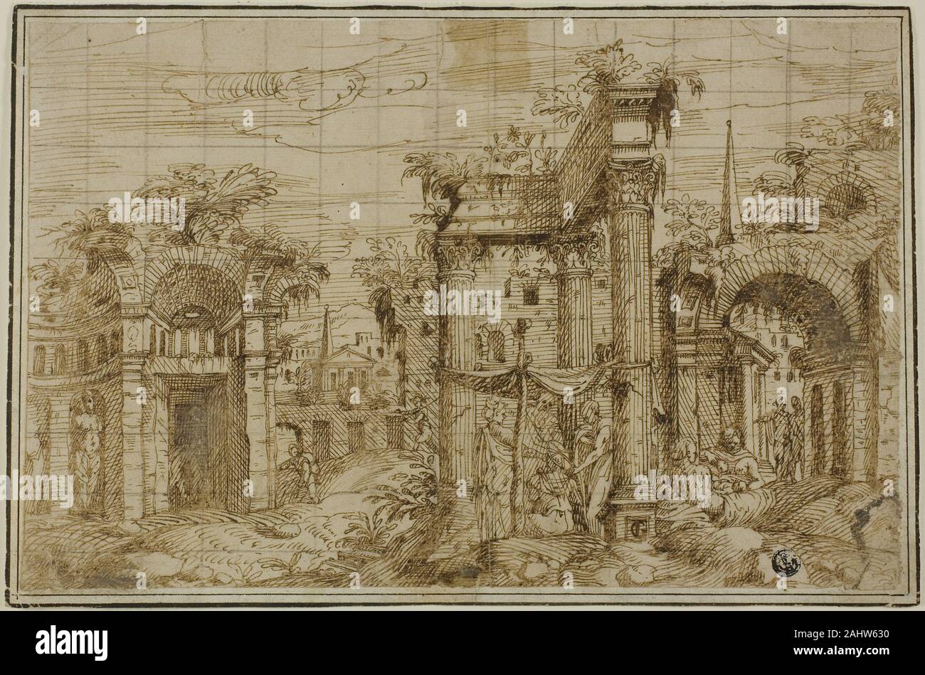 Giovanni Battista Pittoni, el anciano. Ruinas del Foro Romano, con cifras.  1548-1552. Italia. Lápiz y tinta marrón en buff, cuadrado de papel  establecido en grafito, establecidas en marfil papel establecido Fotografía  de