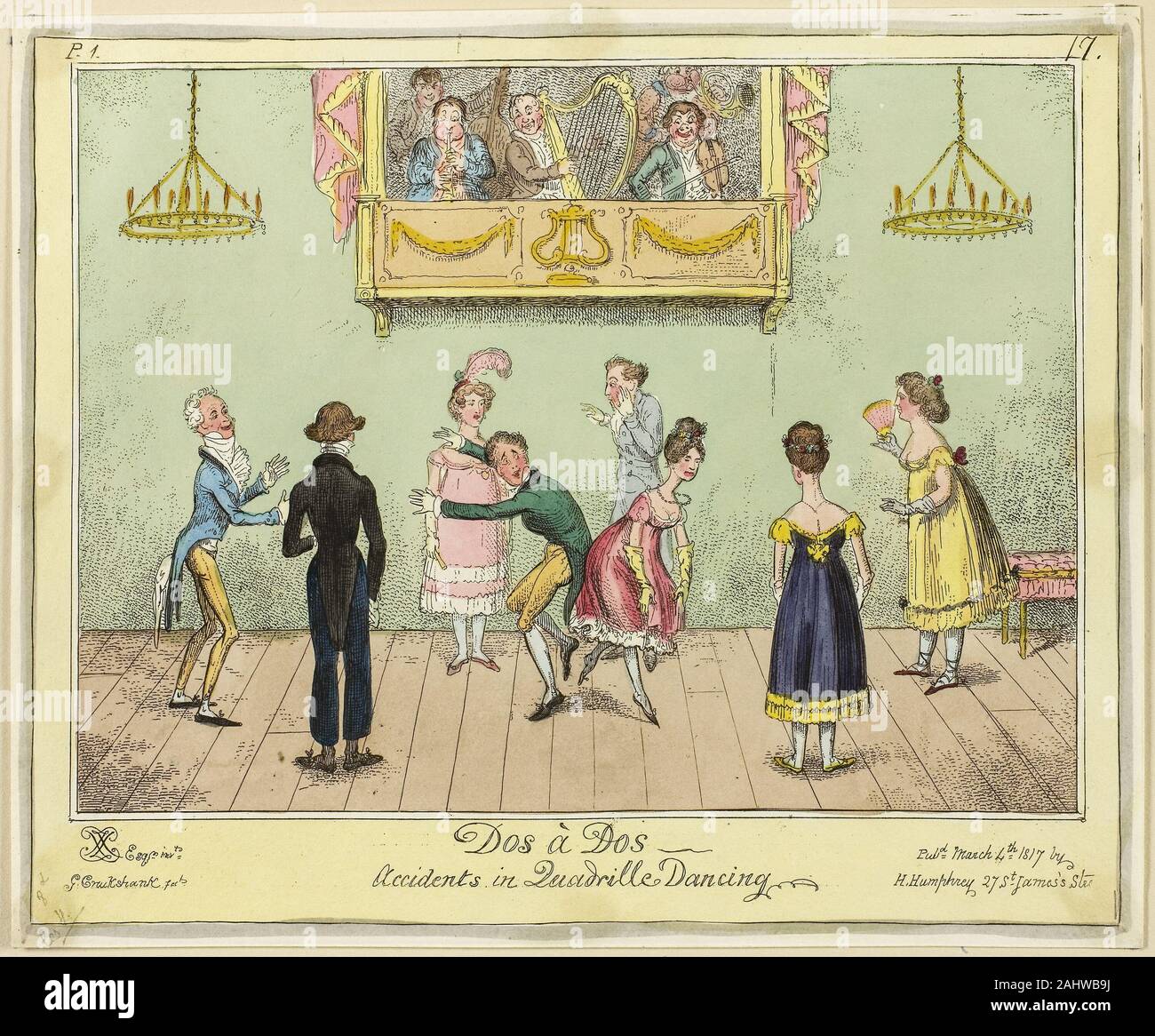 George Cruikshank. Dos-a-dos - accidentes en el Quadrille bailando. 1817.  Inglaterra. Mano de color Aguafuerte sobre papel Fotografía de stock - Alamy