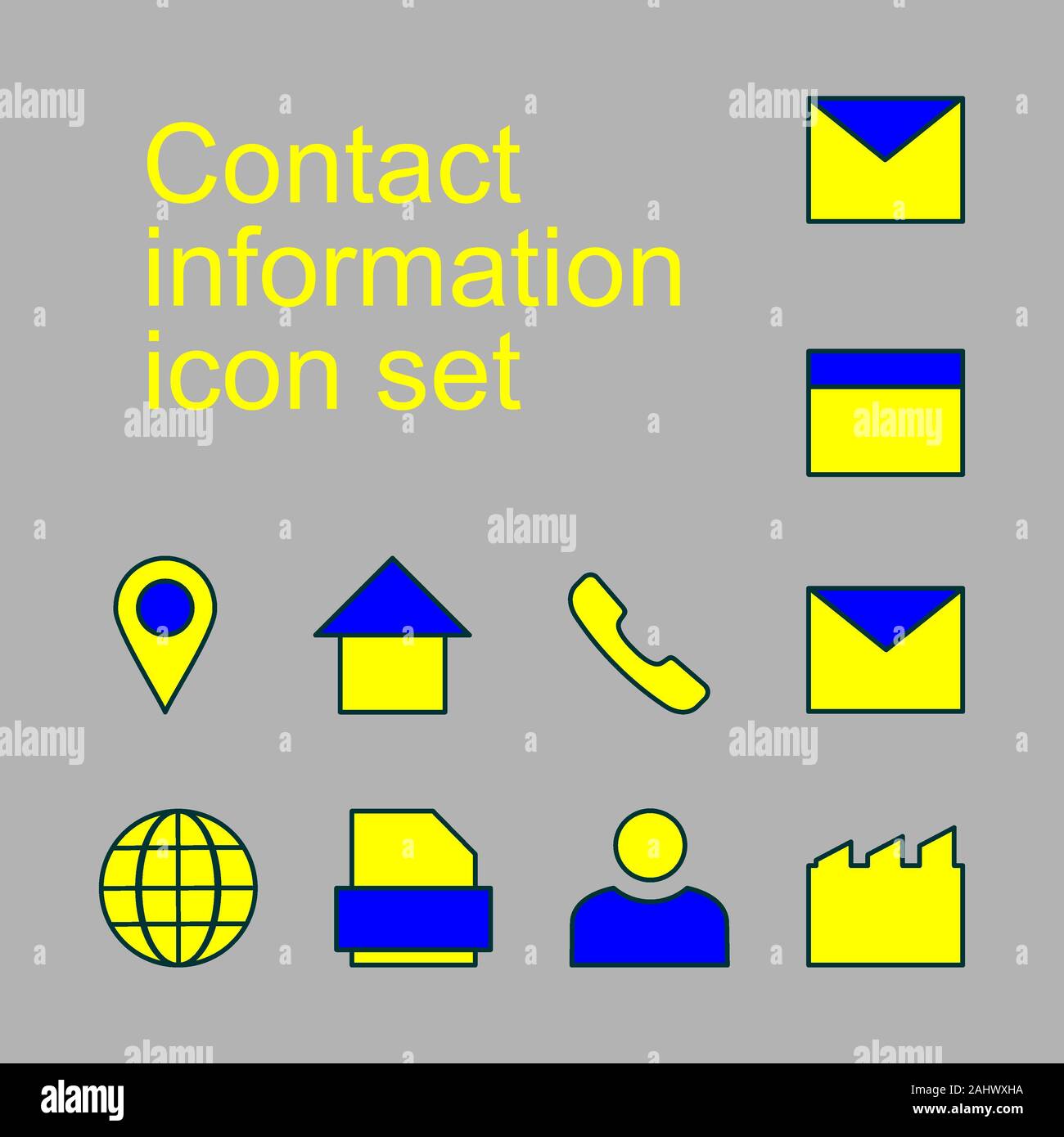 Un conjunto de iconos de información de contacto. Botones de icono de vector set. comunicación colección de símbolos, dibujos vectoriales. Correo electrónico, dirección, domicilio, teléfono, usuario, tel. Foto de stock