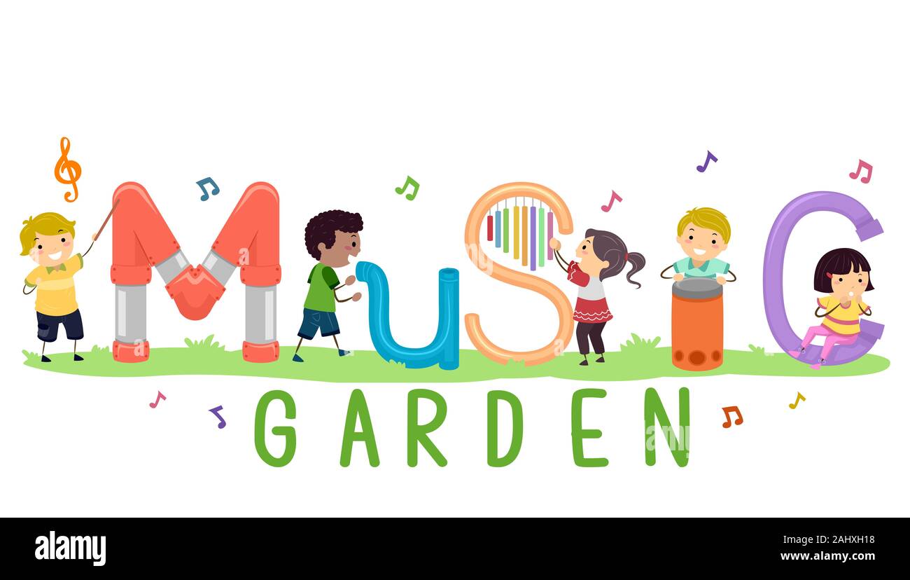 Ilustración de Stickman niños jugando en un jardín música con diferentes haciendo sonidos Fotografía de stock -