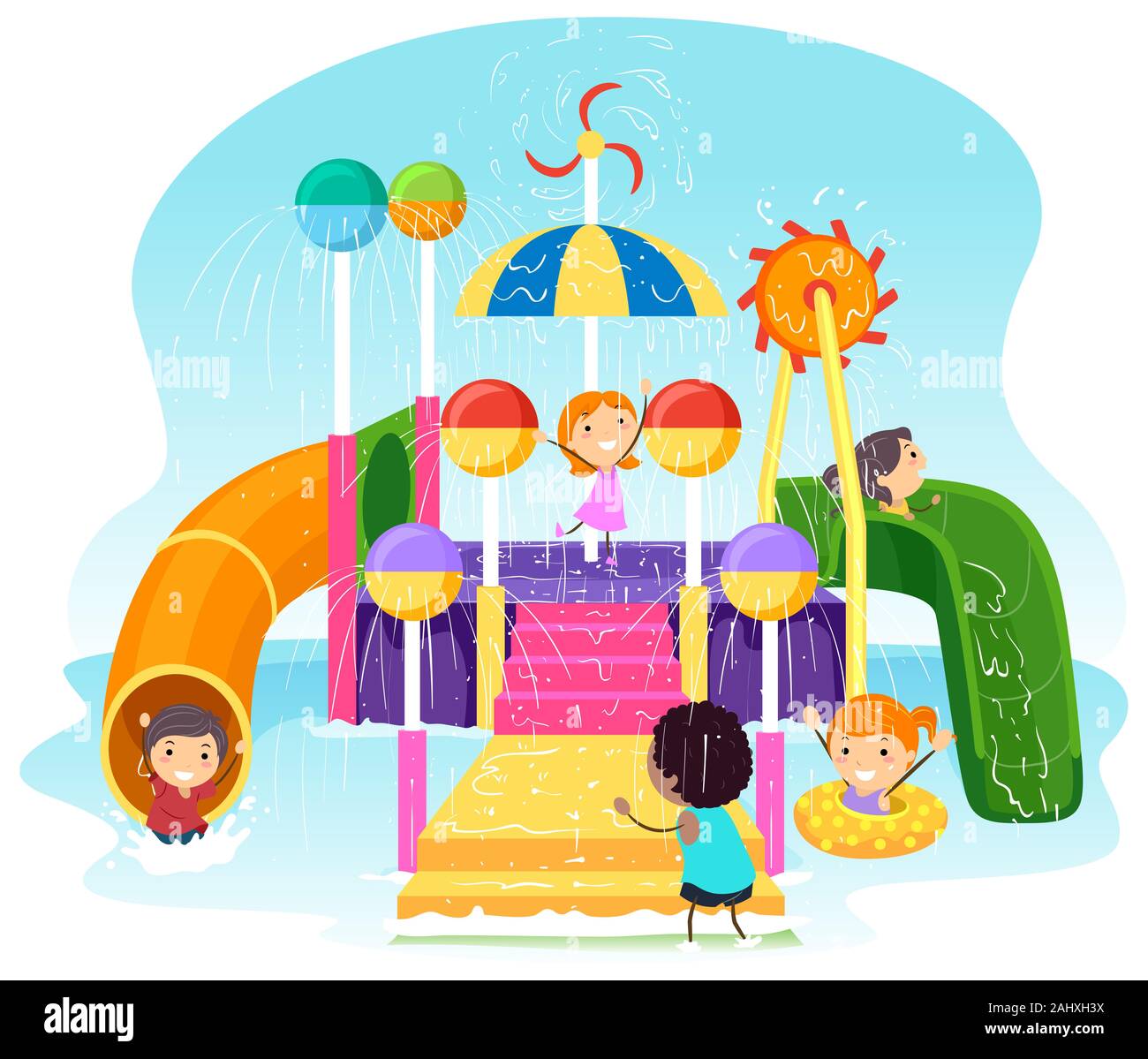 Ilustración de Stickman niños jugando en un parque acuático con toboganes y escaleras Fotografía de stock -
