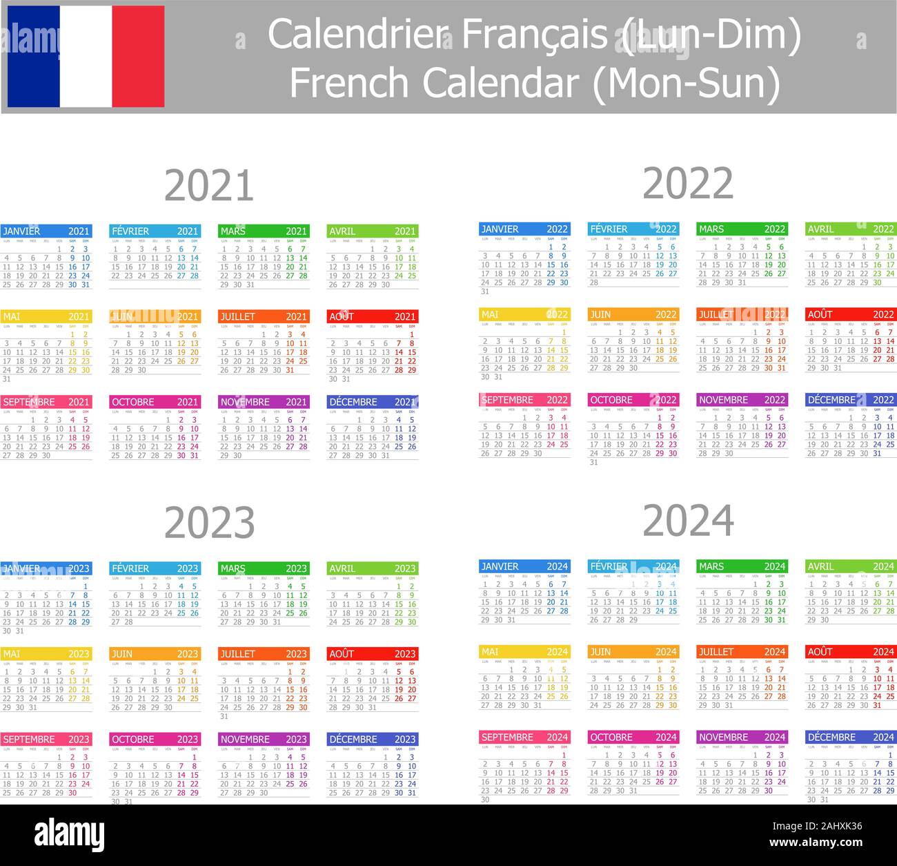 Tipo Francés 202120241 Lundom Calendario sobre fondo blanco Imagen