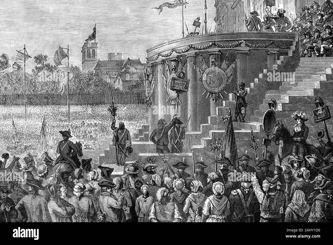Festival del Ser Supremo. La revolución francesa. El culto de la razón. Ilustración de antigüedades, 1890. Foto de stock