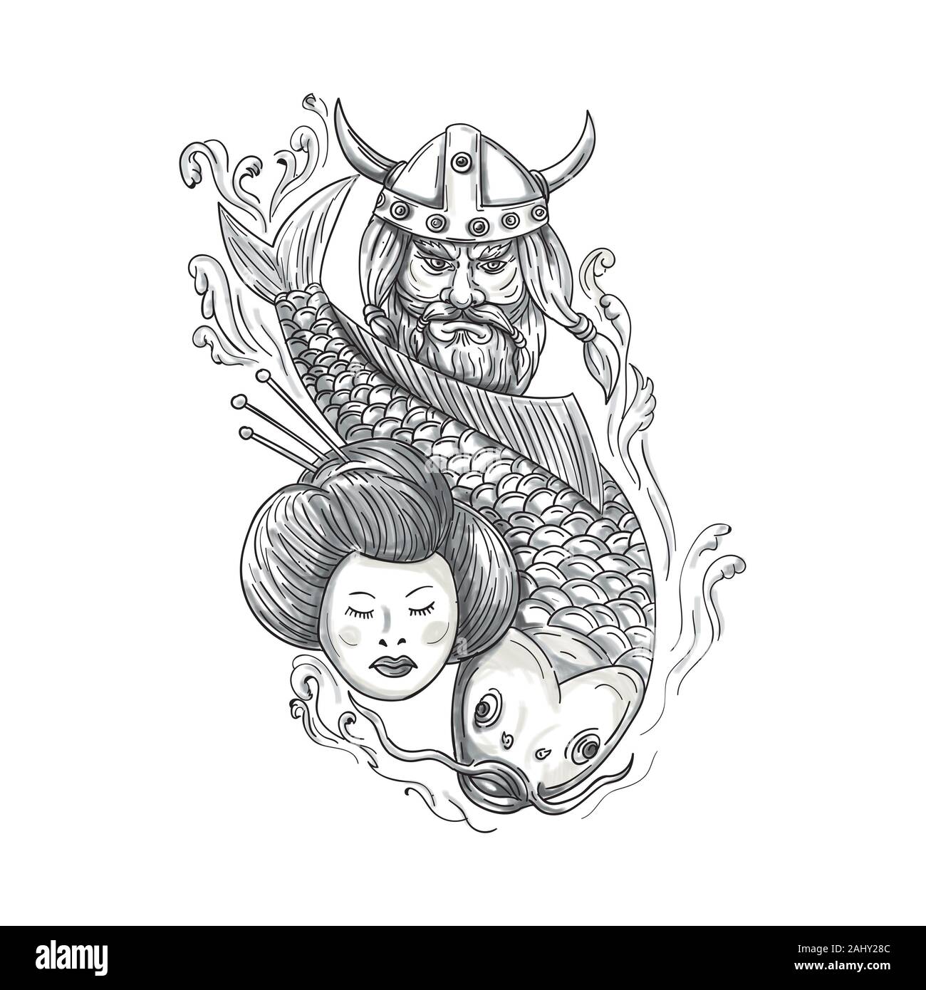 Ilustración estilo tatuaje de una cabeza de un guerrero vikingo norseman raider barbarian vistiendo horned casco con barba, carpas koi fish buceo y geisha Foto de stock