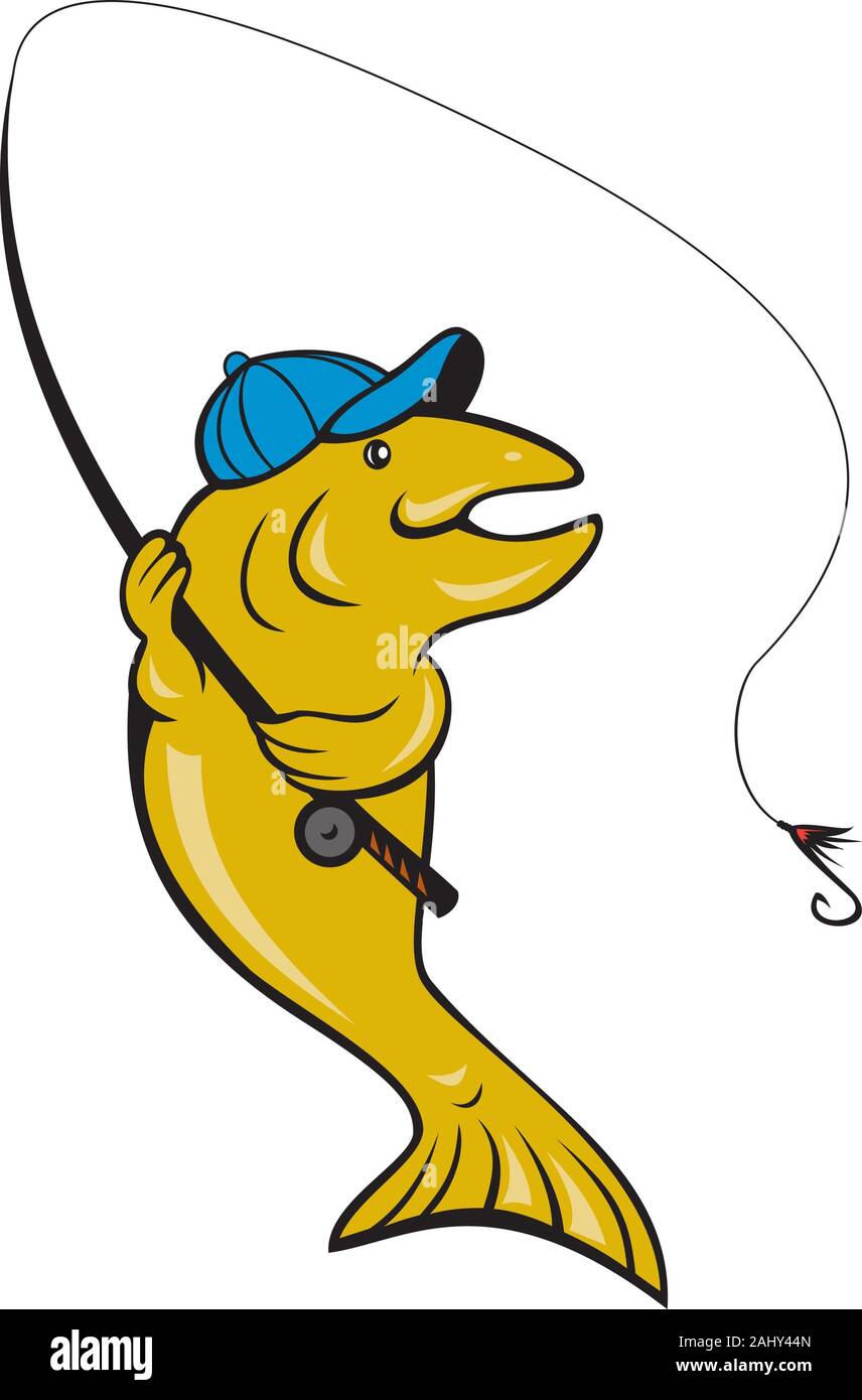 Ilustración de un pez la pesca con mosca de truchas con caña de pescar de fondo aislado realizado en estilo de dibujos animados Fotografía de stock - Alamy Ilustración de un pez la pesca con mosca de truchas con caña de pescar de fondo aislado realizado en estilo de dibujos animados Fotografía de stock - Alamy