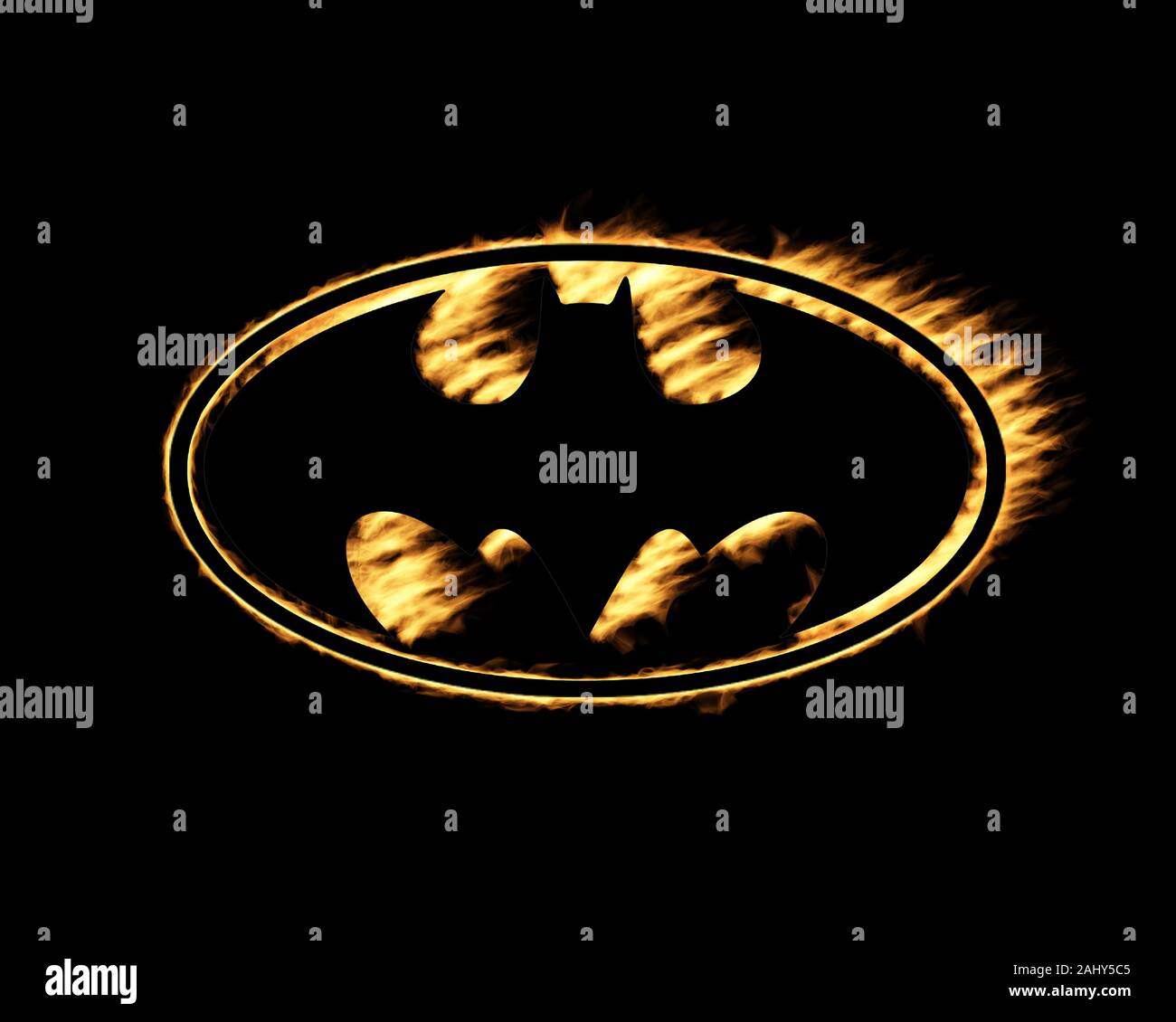 Ciudad del Cabo, Sudáfrica - Enero 1, 2020: amarillo llamas efecto sobre el  icono de Batman Logo contra el fondo negro Fotografía de stock - Alamy