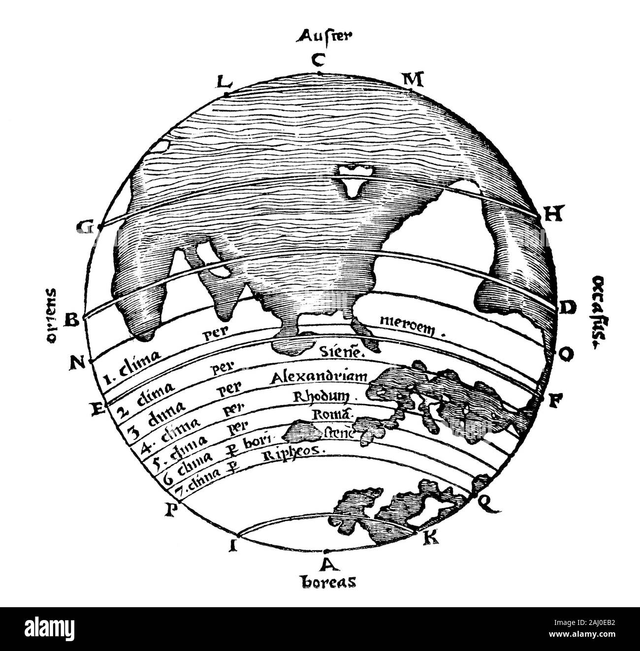 Las zonas climáticas (p.71), a partir de: Oronce Finé, De Mundi sphaera Cosmographia, sive, Simon Colines, 1542 Foto de stock