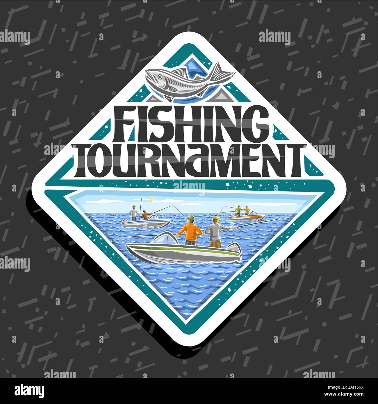 Vector logo para el Torneo de Pesca, emblema rhomb decorativo blanco con ilustración del grupo de pie masculino en embarcaciones a motor, etiqueta con el tipo de letra original Ilustración del Vector