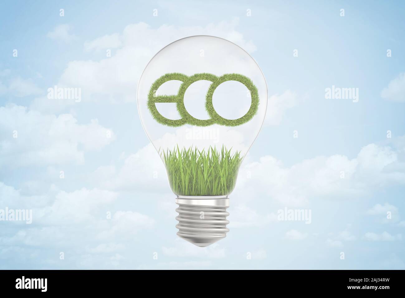 3D rendering de hierba verde y 'Eco' firmar dentro de una bombilla de luz sobre fondo de cielo azul. Ecología y medio ambiente. Las cuestiones ambientales. Arte Digital. Foto de stock