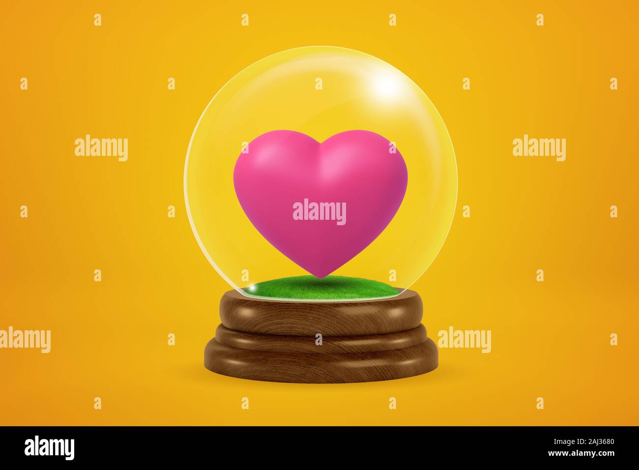 Representación 3D del corazón dentro de bola de cristal rosa globo sobre fondo de color ámbar. El Día de San Valentín. Dating y las relaciones. Los regalos románticos. Foto de stock