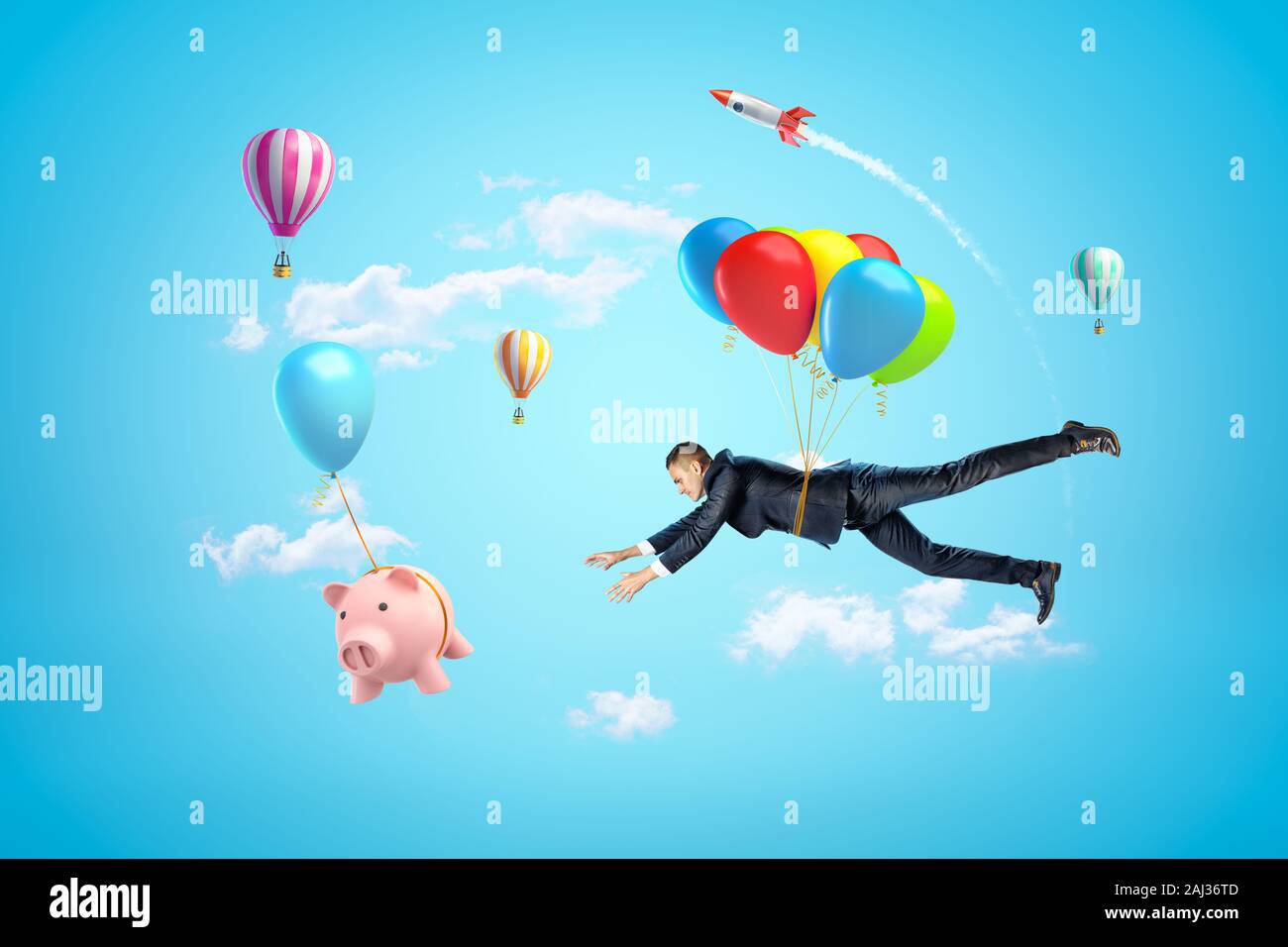 Empresario con coloridos globos de aire llegando a rosa hucha con globos de aire caliente en el aire sobre fondo azul. Las personas y los objetos. Una banca Foto de stock