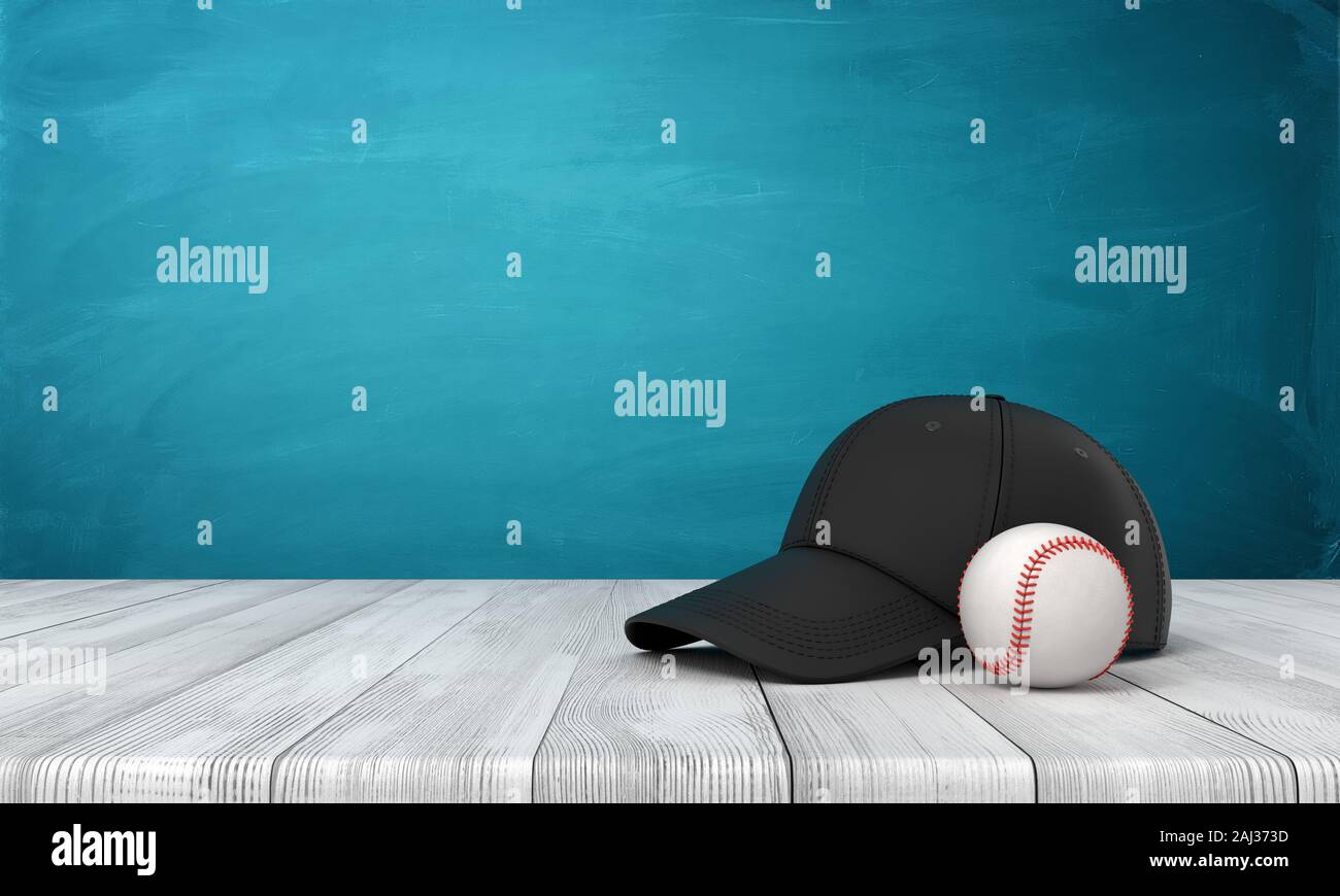 Representación 3D de una pelota de béisbol y una gorra negra tumbado sobre superficie de madera cerca de la pared azul con algún espacio de copia. Deportes y juegos. Ropa deportiva. Aficiones Foto de stock