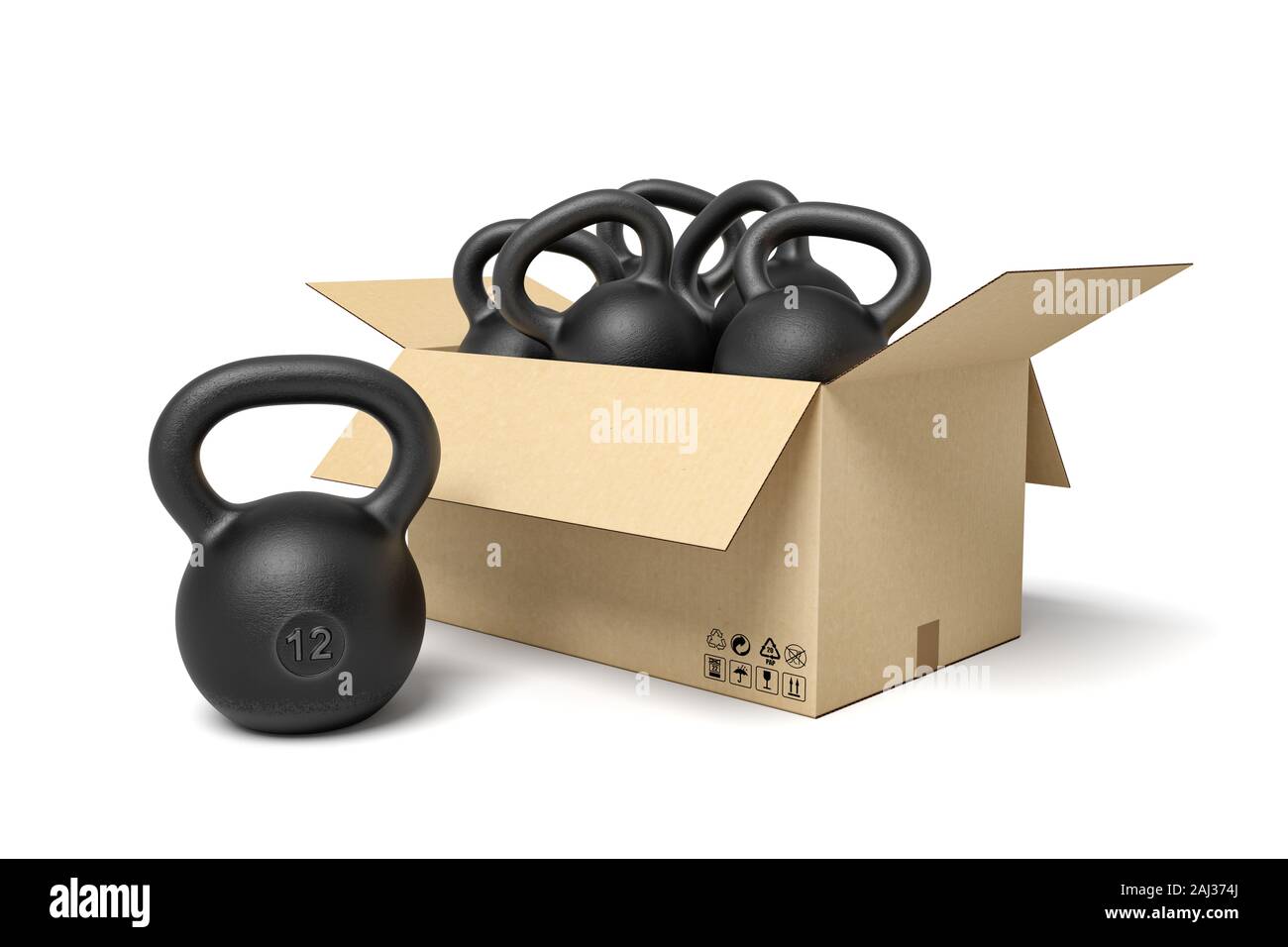 Representación 3D de la caja de cartón lleno de varios kettlebells negro. Equipos deportivos. El levantamiento de pesas. Aumentar el peso. Foto de stock