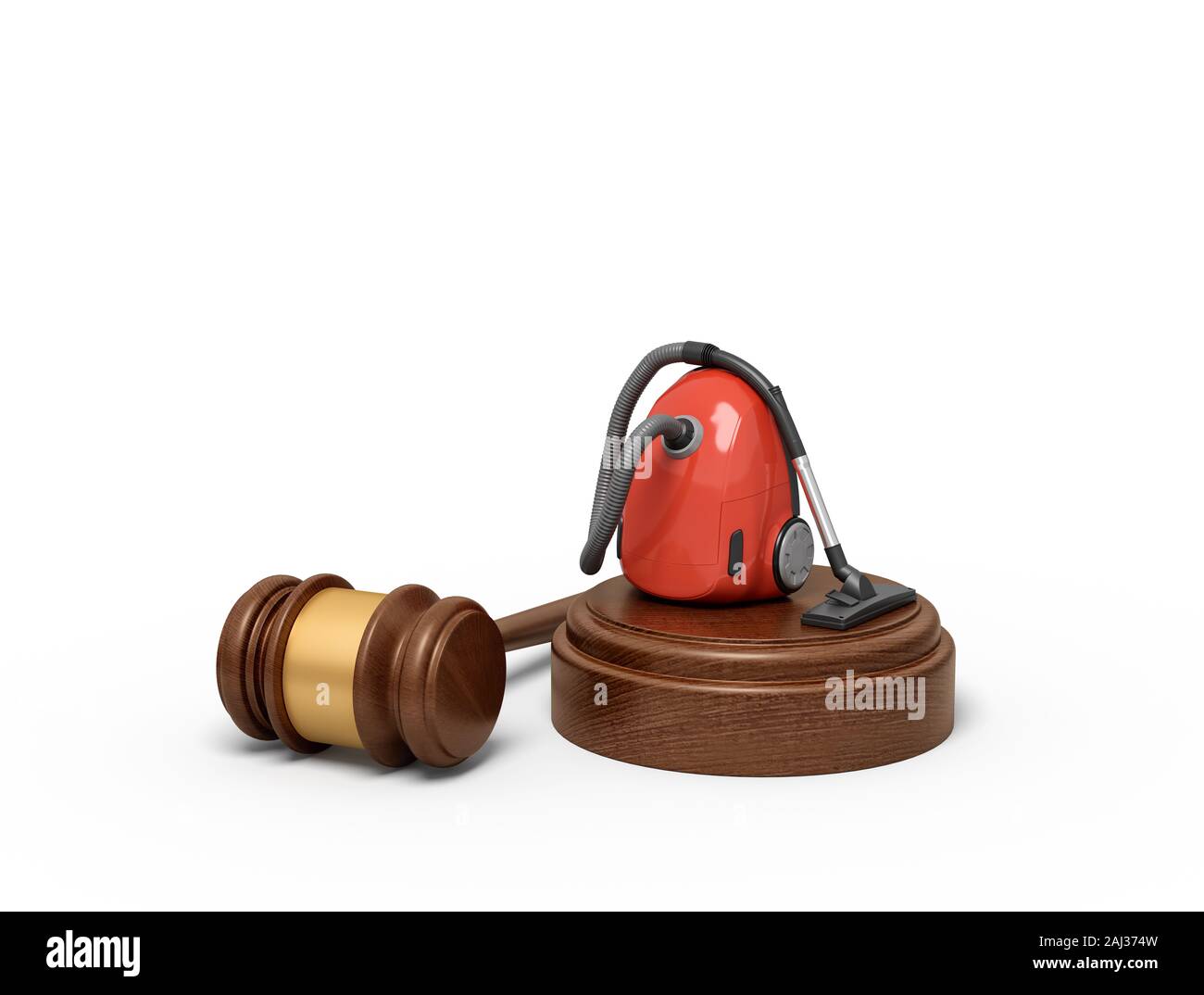 3D rendering de aspirador rojo sobre el bloque de madera redondo y martillo de madera marrón. Arte Digital de objetos y materiales. La limpieza de la casa. Foto de stock