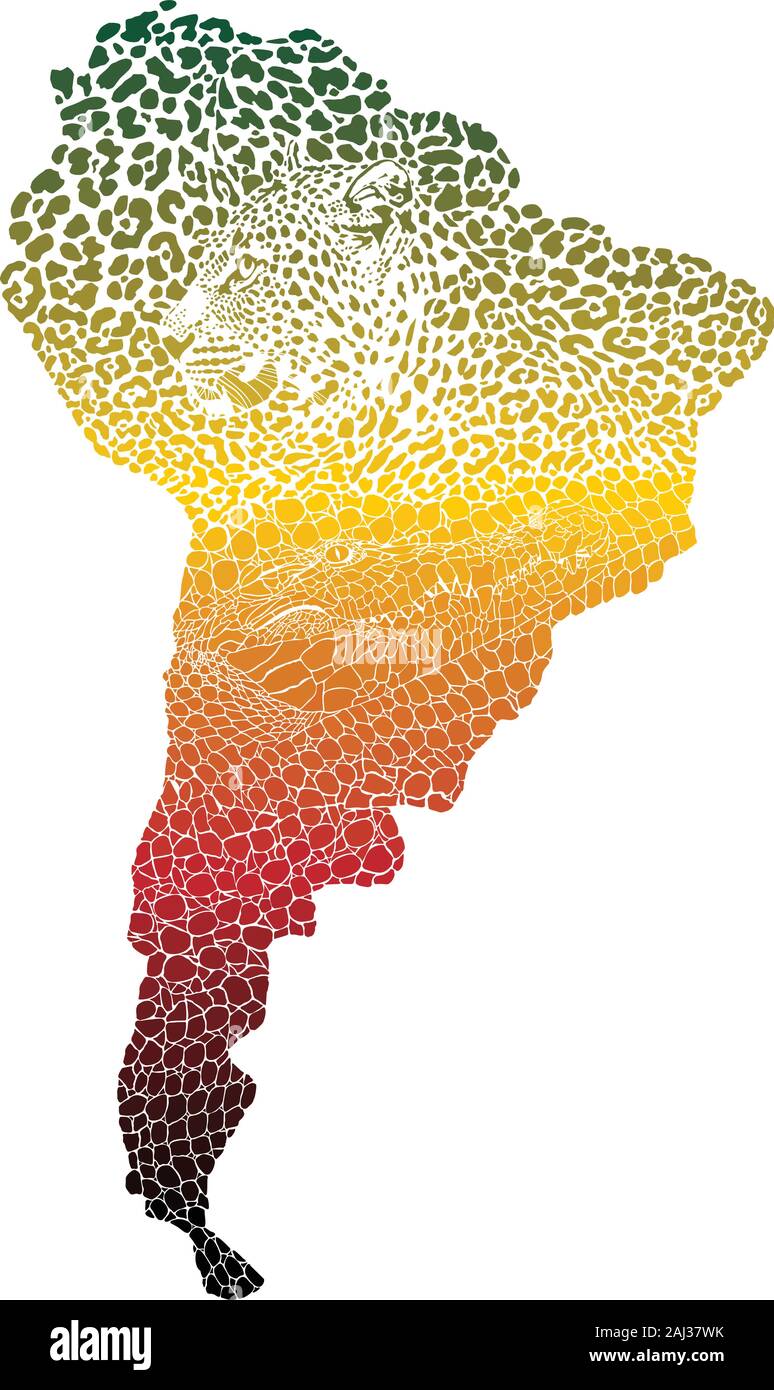 El jaguar y el cocodrilo de color en el mapa de América del Sur Ilustración del Vector