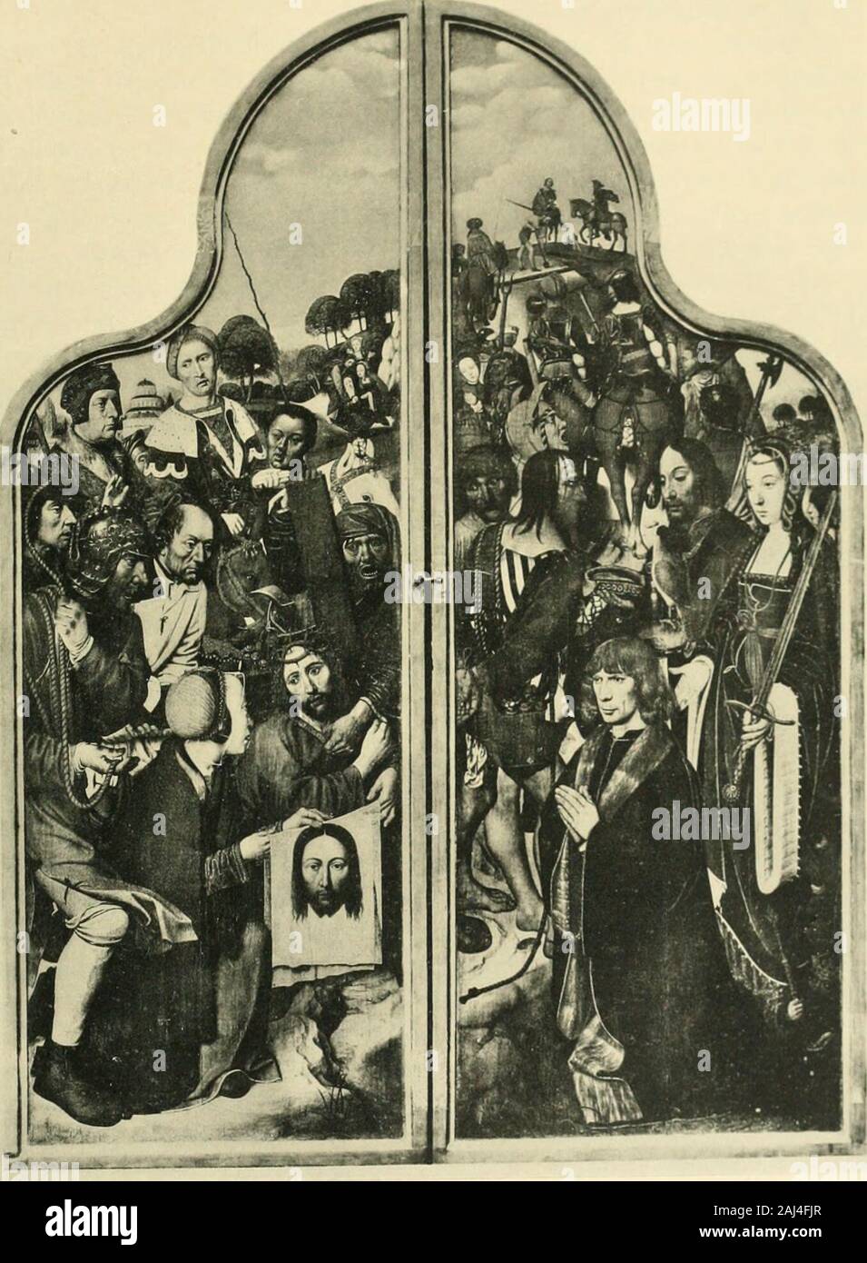 Revue de l'art chrétien . e Sainte Catherine. Cest la pa-tronne de la science et des philosophes, etsa présence nous apporte renseignementsur onu la qualité de laustère orant qui, trèsprobablement, était docteur en philosophie,ou de lune eradué lautre université. Quant au seigneur revêtu dun richecostume, portant au cou le Collier de la Toi qui dor-hijo se trouve à côté de la Sainte,la main gauche posée sur la poignée duneépée, arrendatario onu oiseau de proie encapu-chonné - ONU hobereau - et avançant de lamain droite onu étin béret rouge orné dun-celant joyau, je ne puis y voir que saintBavon ; ce qui Foto de stock
