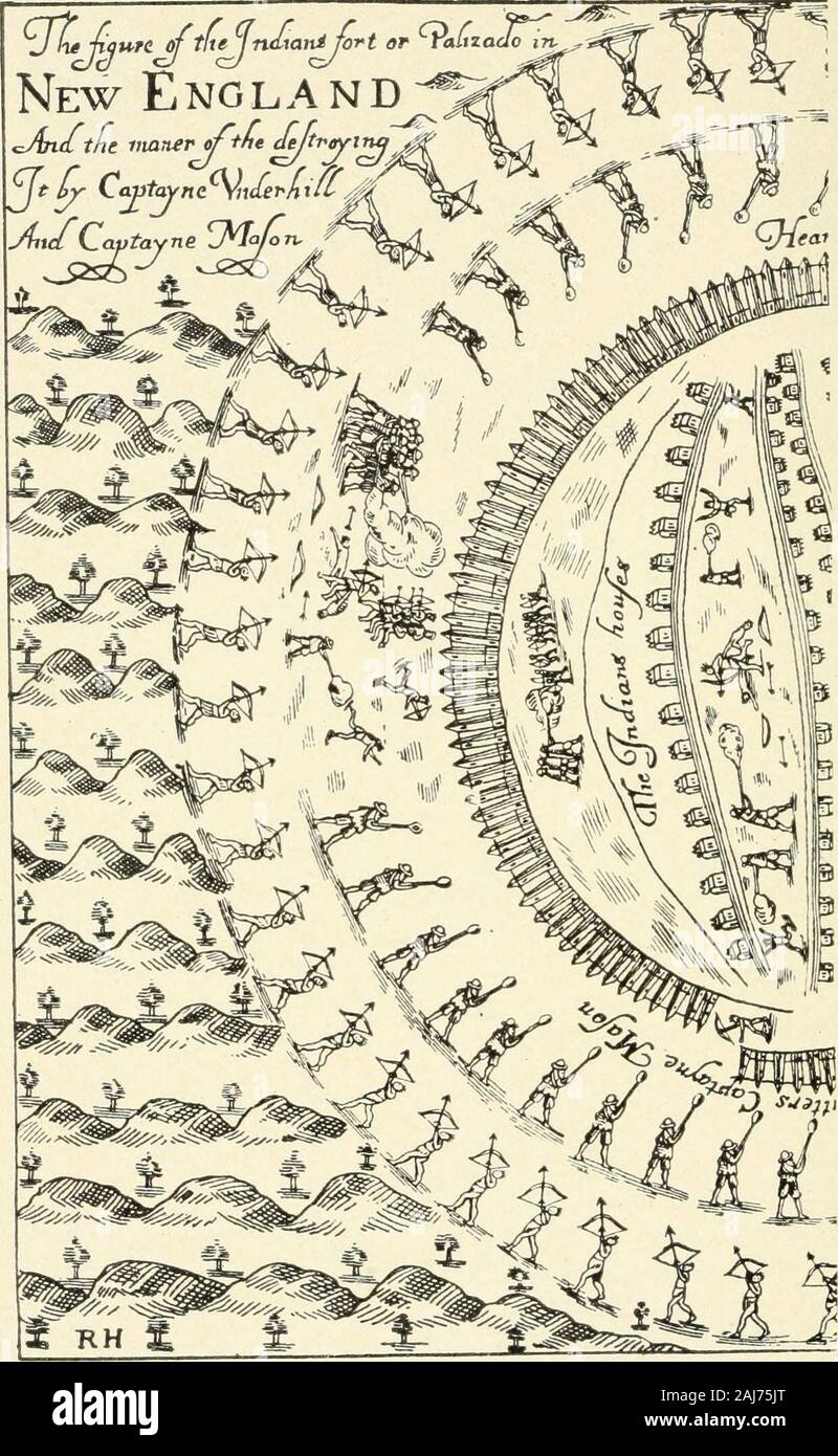 La historia de los Estados Unidos desde los inicios del descubrimiento de América hasta la actualidad . 1637 Jefe, quien con su distrito, el Mohegan, hadrebelled contra los PEQ-uot sachem, SAS-sacus), fue enviado desde Hartford theConnecticut río abajo. Introducir el sonido,él navegó junto a la desembocadura del Thamesand anclados en Narragansett Bay, en thefoot de Tower Hill, cerca de Point Judith. Que Heknew agudo-eyed scouts desde el Pequotstronghold en la orilla oeste del MysticRiver, cerca de Groton, había, como sus tres littleships bordear la costa, le vigila,para dar aviso de su enfoque. Él por lo tanto resuelto Foto de stock