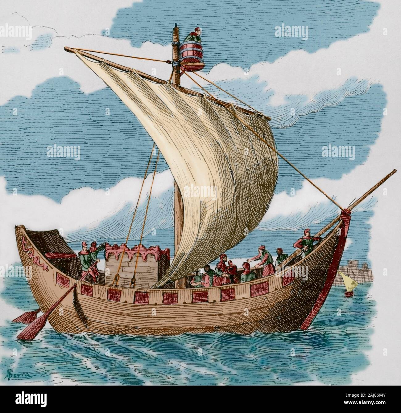 Edad media. Barco de los siglos XI y XII. Grabado por Serra. Museo Militar,  1883. Posteriormente coloración Fotografía de stock - Alamy