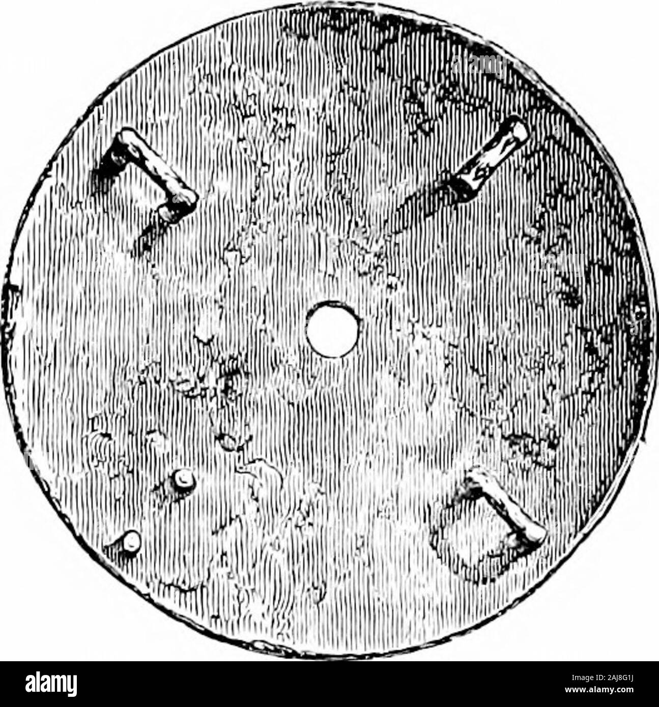 Una guía de las antigüedades de la edad del bronce en el Departamento de Antigüedades Medievales y británico . Fig. 7G.-Brazalete, HeatheryBurn Cueva, Stanhope, Co. Dur-ham. -Jf. Fig. 77.-back de disco, HeatheryBurn Cueva. ?, Penannular anillo de sección triangular. El único importante classesof implementa no representados en la encontrar eran la daga, escudo,martillo y hoz. Lanza-púas jefes como el de Essex (fig. 78) son raros, andonly ocurren en Inglaterra y Gales. Es más probable que wereused para cazar animales grandes que para alancear salmón yotros especímenes son shovvn ; en los casos A, B y 9 (Broadw Foto de stock