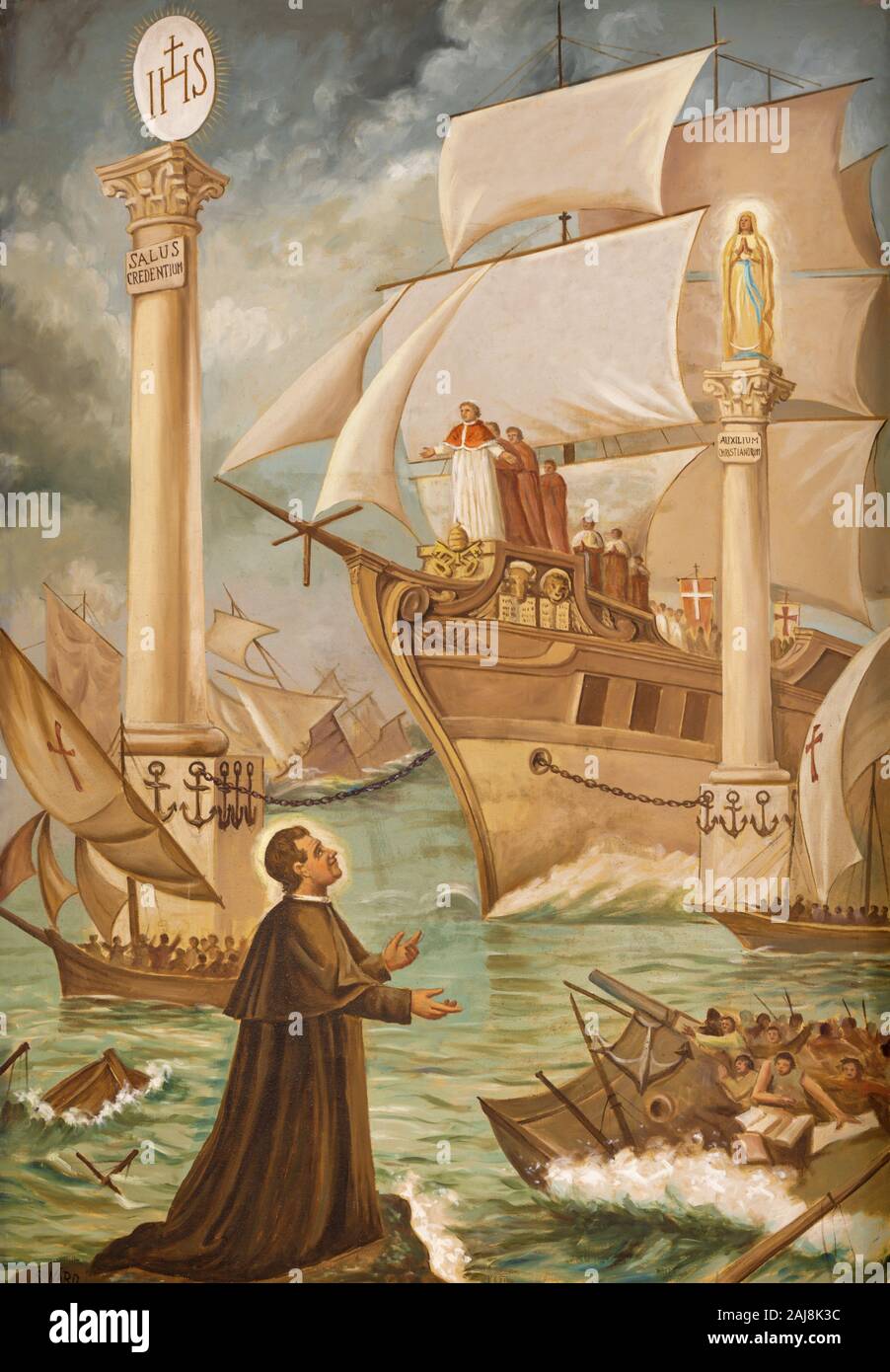 TAORMINA, Italia - 9 de abril de 2018: la pintura de la gloriosa de los sueños de Don Bosco 'Sogno-Due-Colonne Don-Bosco-' oel dos pilares por Calondruccio Foto de stock