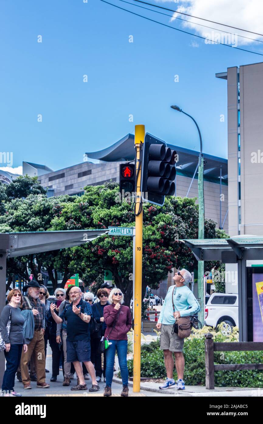 Guerrero maorí haka símbolo en un cruce peatonal luz, Wellington, Nueva Zelanda Foto de stock