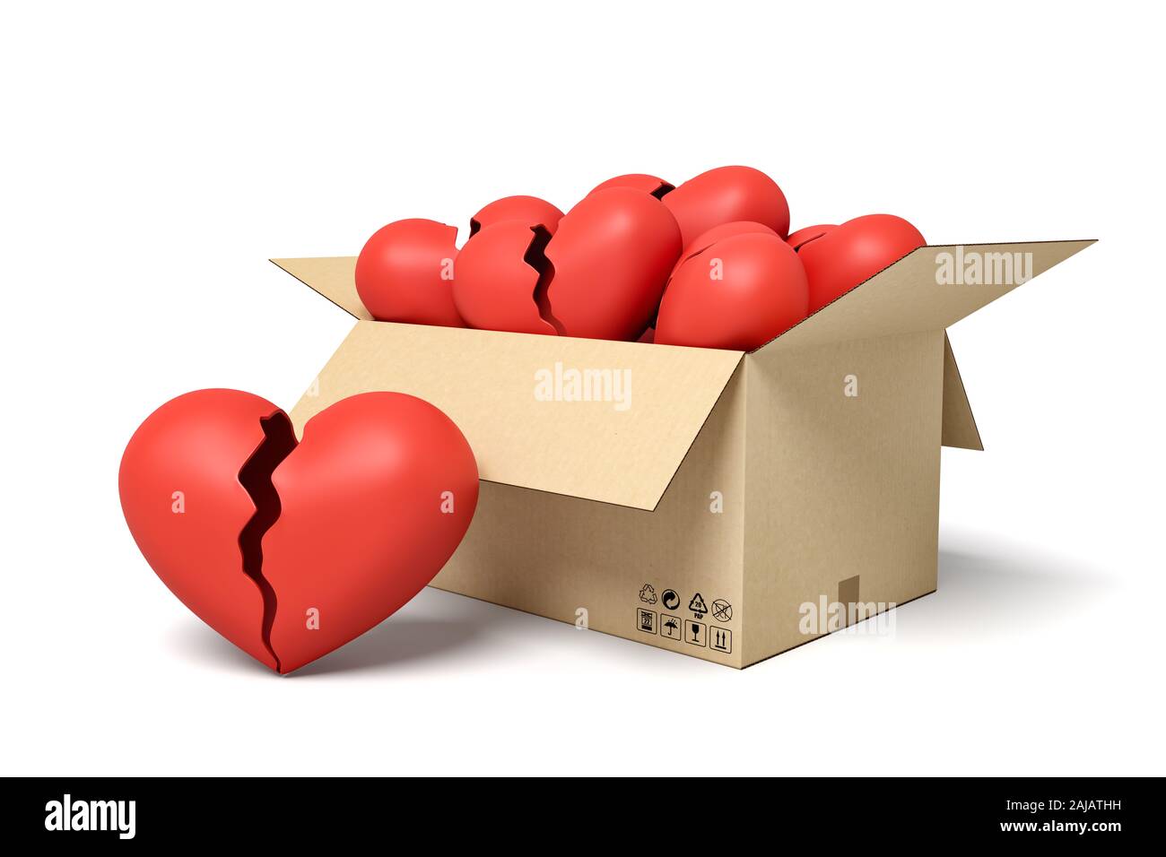 Representación 3D de la caja de cartón lleno de rojo corazones rotos. Arte Digital ideas conceptuales. Los sentimientos y las emociones. Foto de stock
