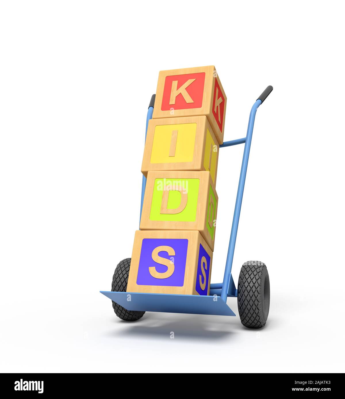 3D rendering de alfabeto colorido bloques de juguete mostrando 'PLAY' de firmar en una carretilla de mano. Arte Digital de objetos y materiales. Juegos y juguetes. Foto de stock