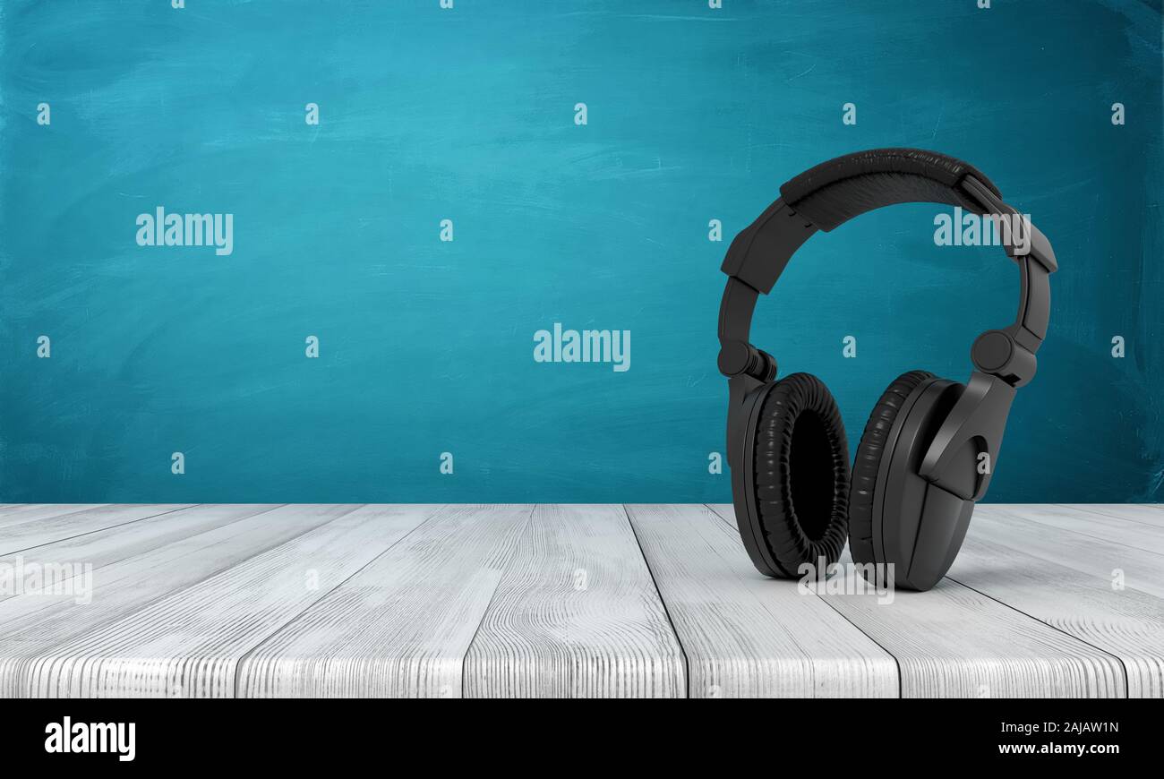 3D rendering de auriculares negro sobre blanco, piso de madera y turquesa oscuro fondo. Sonido y visión. La música y el ruido. Arte Digital. Foto de stock