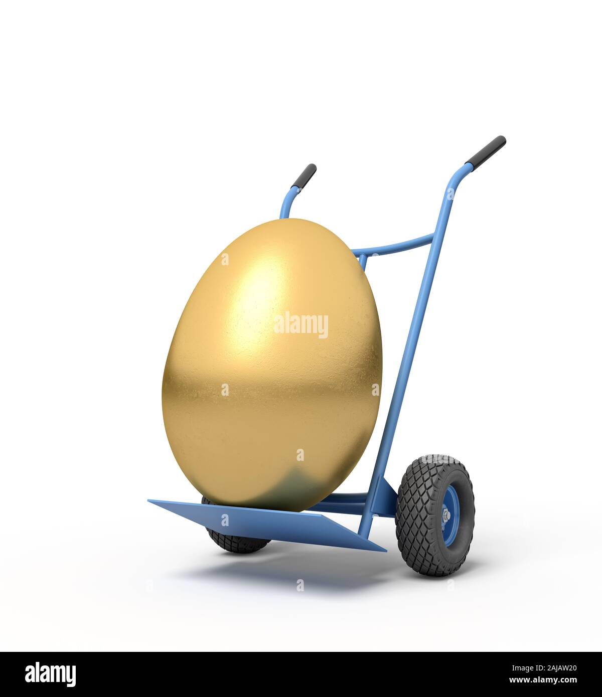 Representación 3D de un huevo de oro en una carretilla de mano. Los negocios y las finanzas. Sector bancario y financiero. Gestión y ahorro. Foto de stock