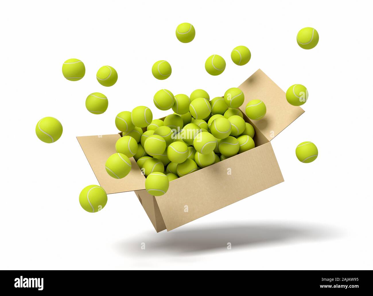 Representación 3D de la caja de cartón llena de pelotas de tenis en el aire. Deportes de equipo. Gimnasio de suministros. Artículos deportivos. Foto de stock