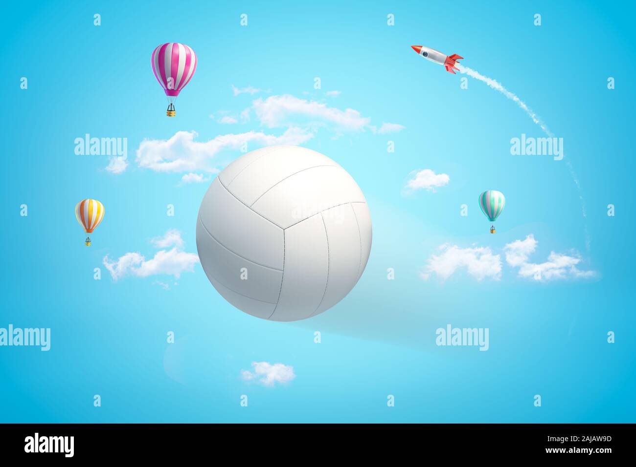 3D rendering cerca de voleibol de blanco en el aire contra el cielo azul brillante con cohetes y globos de aire caliente en la distancia. La actividad física. Juegos activos Foto de stock