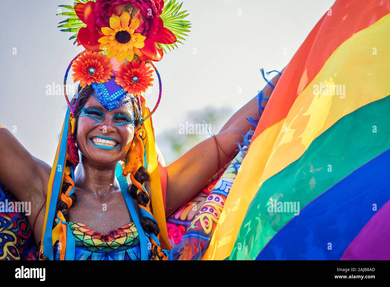 Hermosa mujer brasileña de ascendencia africana vistiendo coloridos trajes y sonriente durante el Carnaval fiesta callejera en Río de Janeiro, Brasil. Foto de stock