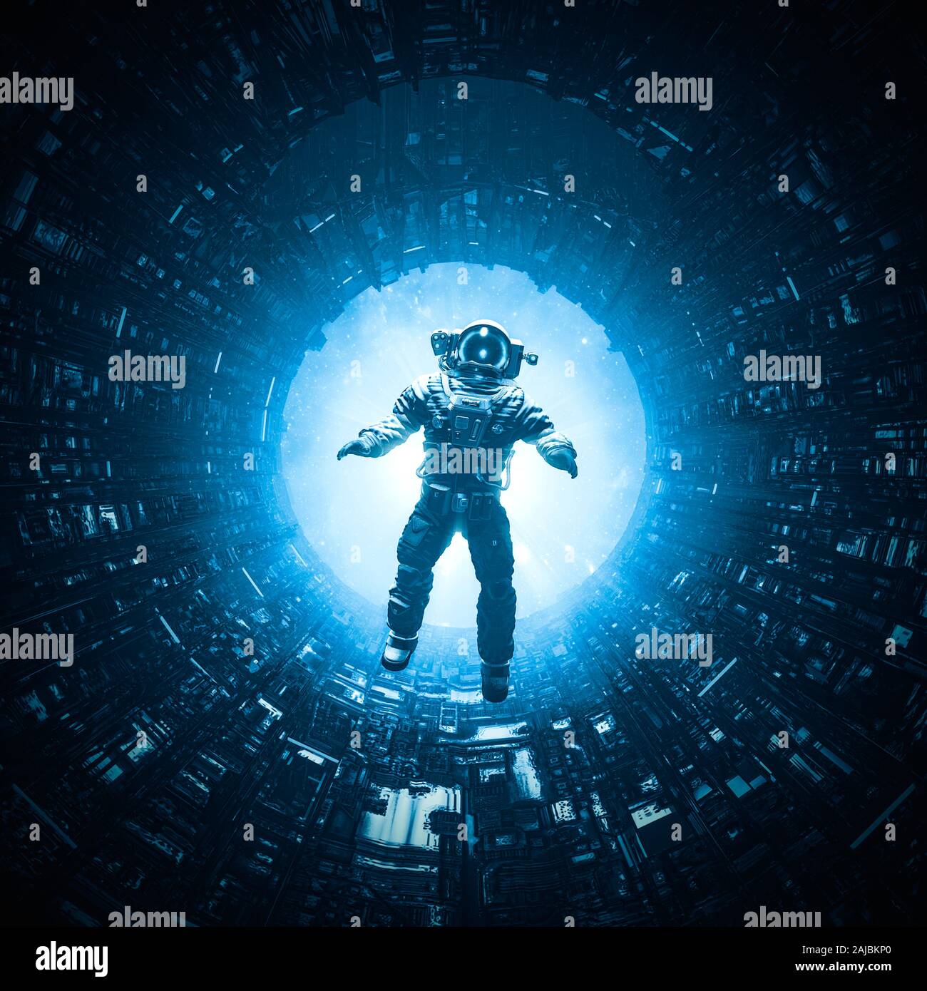 Los peligros de los viajes espaciales / 3D ilustración de astronauta flotando en la estación espacial misterioso corredor oscuro Foto de stock