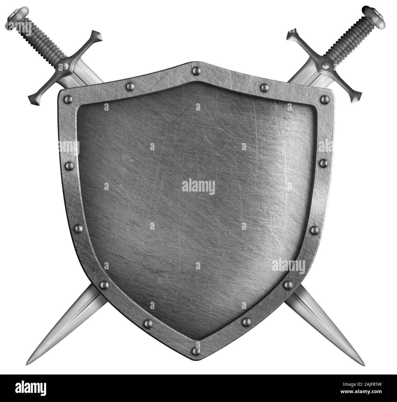 Escudo clásico de metal o escudo con espadas cruzadas aislado en blanco  Fotografía de stock - Alamy